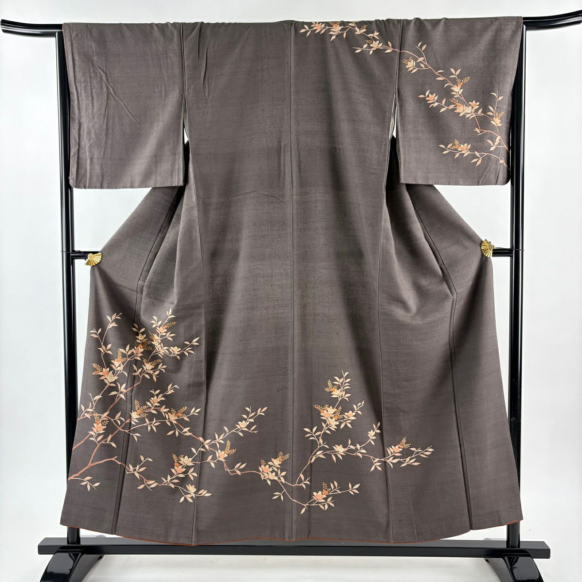 訪問服 身長154cm 袖長66.5cm M 雙層 紬織織 橘 金銀彩 刺繡 焦茶 純蠶絲 秀品級