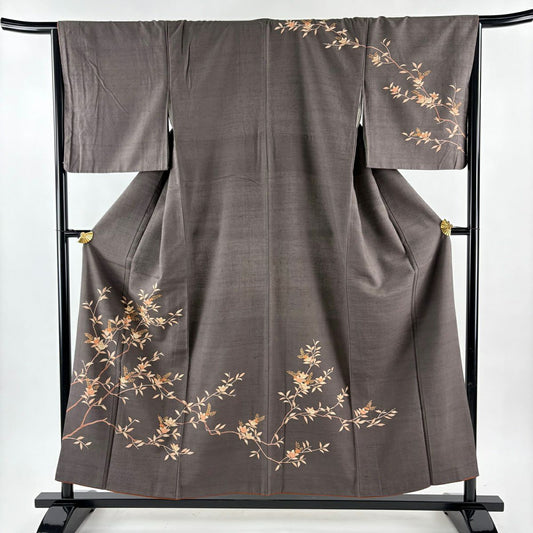 訪問服 身長154cm 袖長66.5cm M 雙層 紬織織 橘 金銀彩 刺繡 焦茶 純蠶絲 秀品級