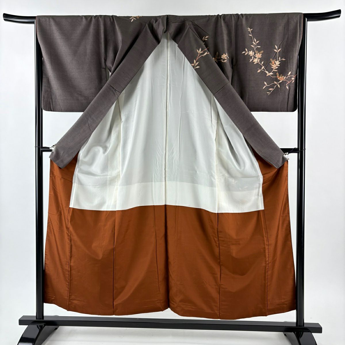 訪問服 身長154cm 袖長66.5cm M 雙層 紬織織 橘 金銀彩 刺繡 焦茶 純蠶絲 秀品級