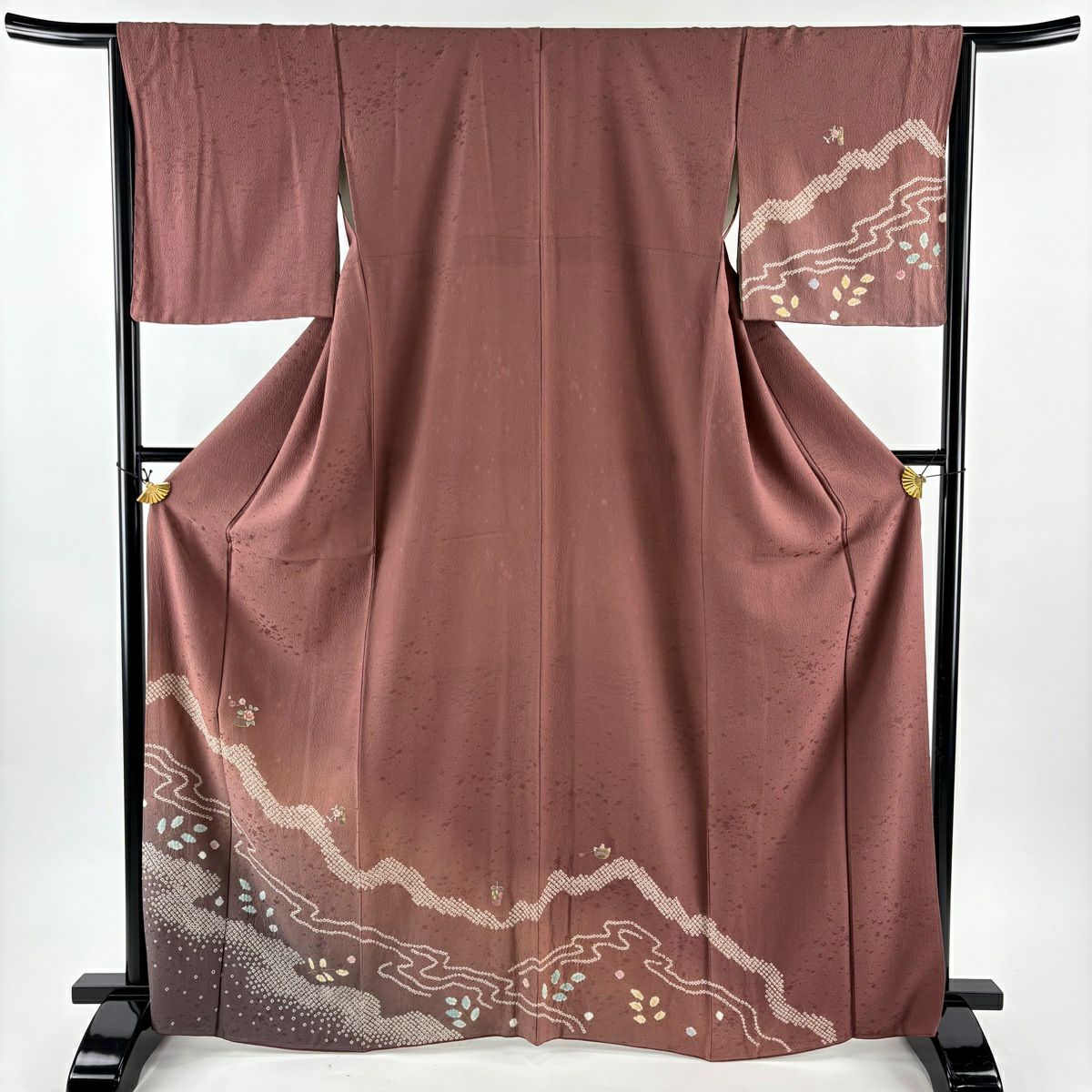【美品】 付下 身長167cm 袖長65.5cm M 雙層 霞 花籠 絞染 刺繡 小豆 純蠶絲 秀品級