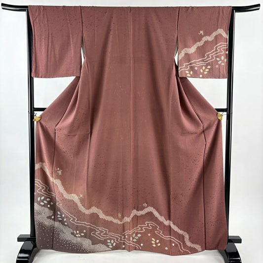 【美品】 付下 身長167cm 袖長65.5cm M 雙層 霞 花籠 絞染 刺繡 小豆 純蠶絲 秀品級