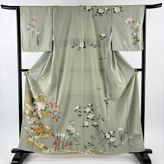 訪問服 身長161cm 袖長65.5cm M 雙層 落款あり 牡丹 流水 金銀彩 金絲 よもぎ 綠 純蠶絲 秀品級 一つ紋