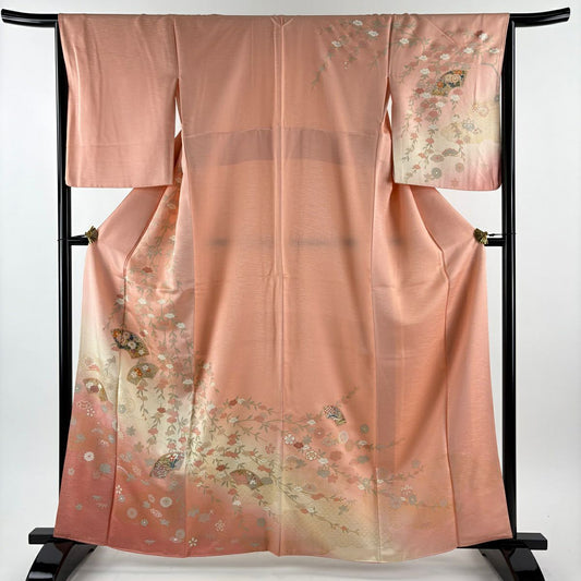 訪問服 身長163.5cm 袖長65cm M 雙層 扇子面 枝垂櫻 金銀彩 漸層 鮭粉色 純蠶絲 優品級
