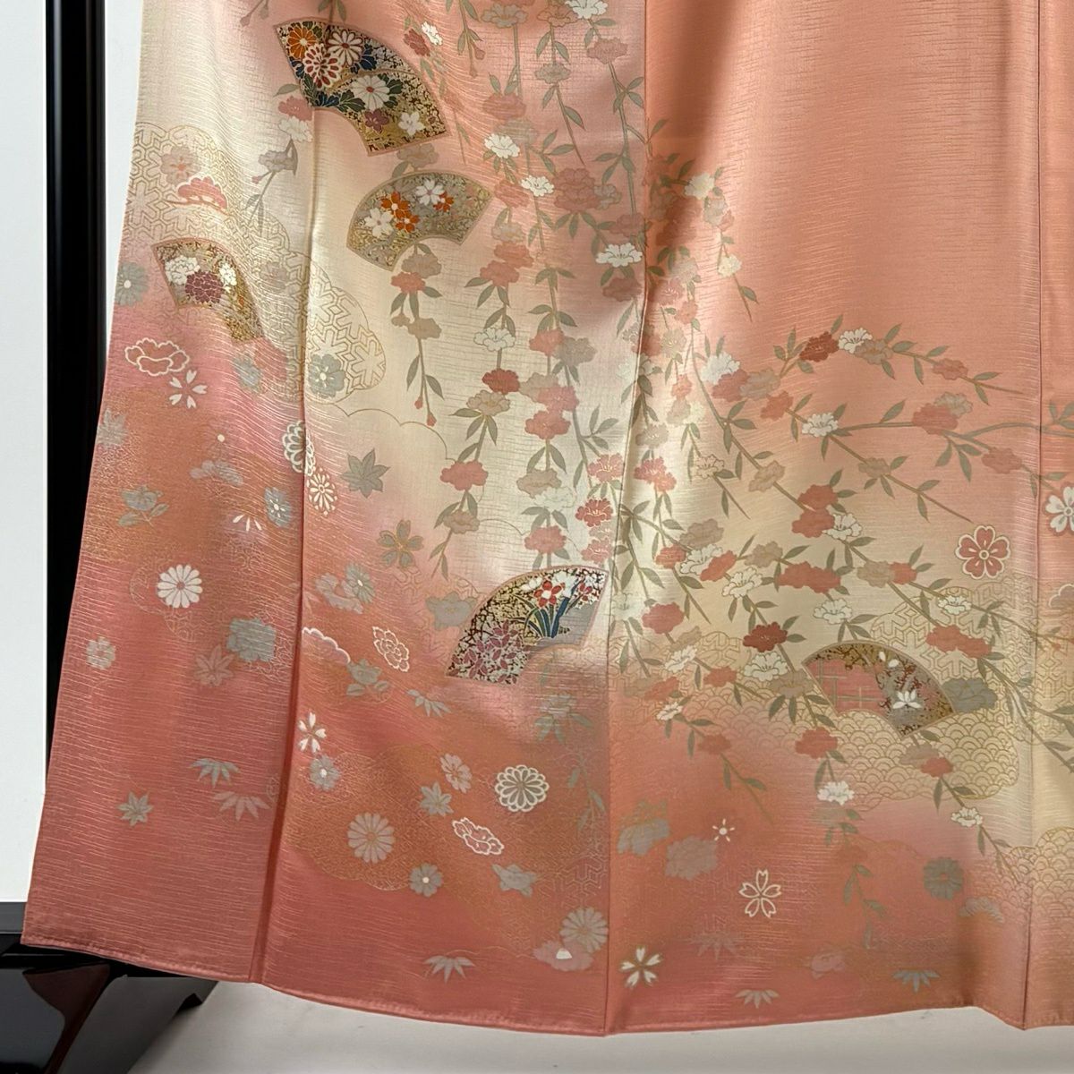 訪問服 身長163.5cm 袖長65cm M 雙層 扇子面 枝垂櫻 金銀彩 漸層 鮭粉色 純蠶絲 優品級