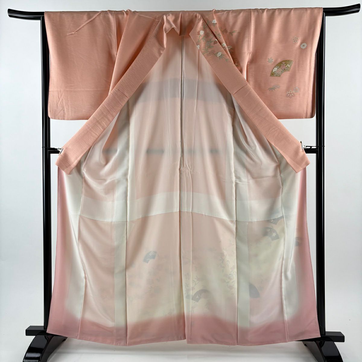 訪問服 身長163.5cm 袖長65cm M 雙層 扇子面 枝垂櫻 金銀彩 漸層 鮭粉色 純蠶絲 優品級