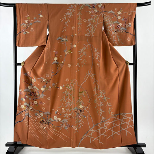 訪問服 身長161.5cm 袖長65cm M 雙層 松樹 梅花 刺繡 金糸 紅茶 純蠶絲 秀品級