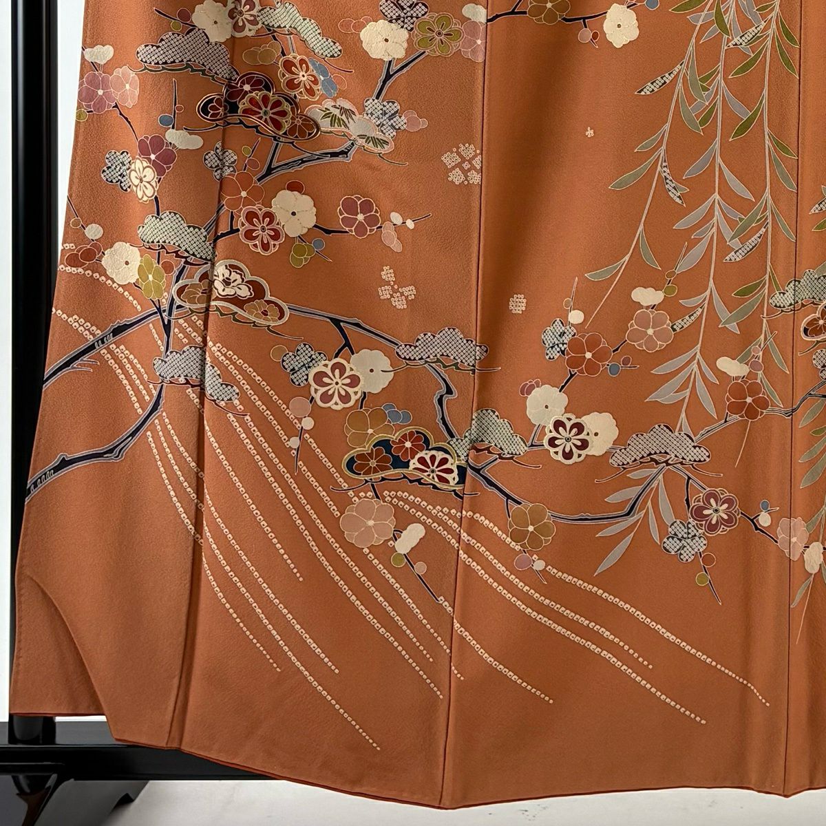 訪問服 身長161.5cm 袖長65cm M 雙層 松樹 梅花 刺繡 金糸 紅茶 純蠶絲 秀品級