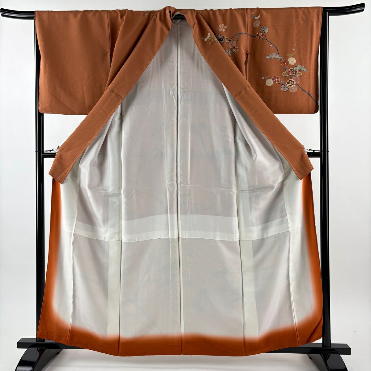 訪問服 身長161.5cm 袖長65cm M 雙層 松樹 梅花 刺繡 金糸 紅茶 純蠶絲 秀品級