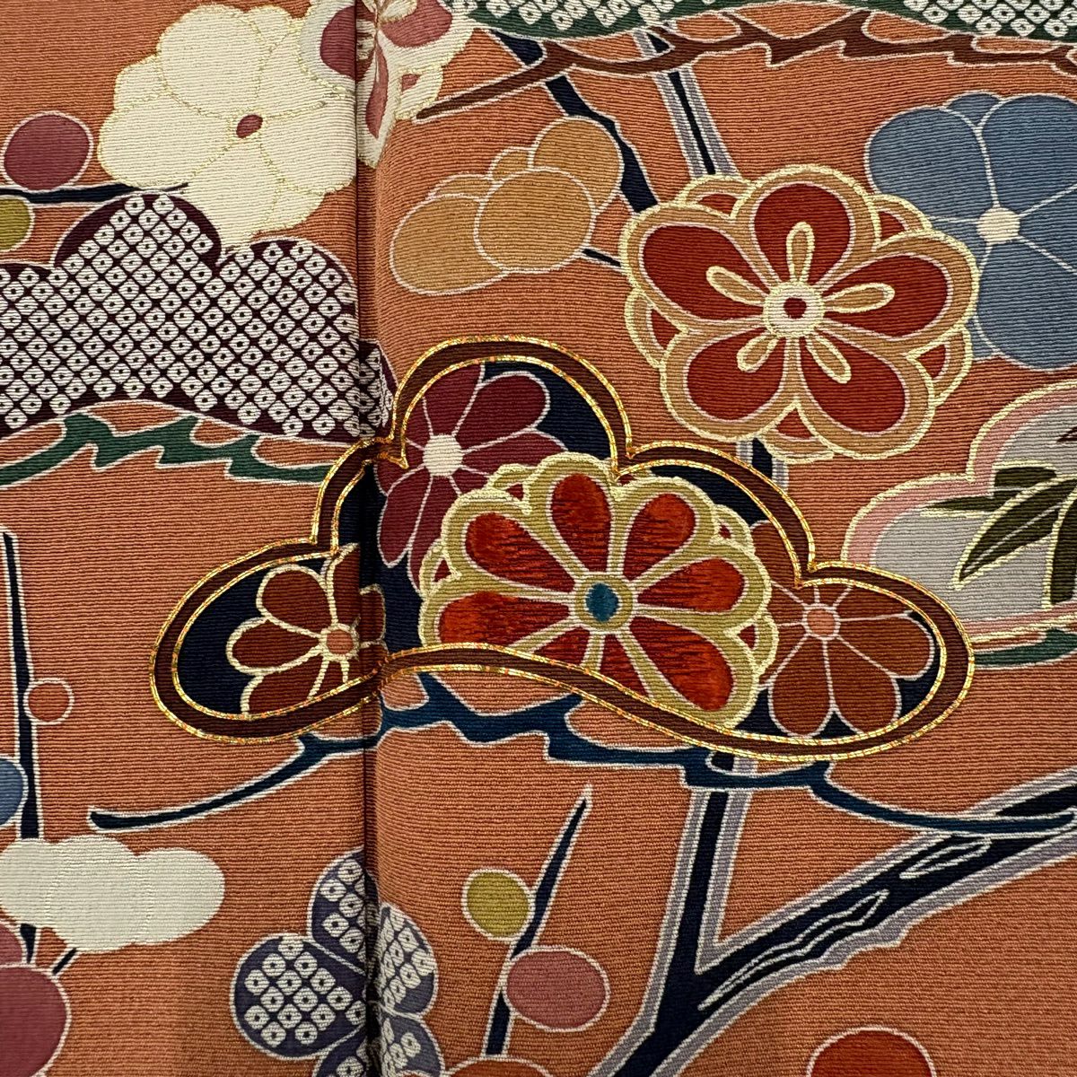 訪問服 身長161.5cm 袖長65cm M 雙層 松樹 梅花 刺繡 金糸 紅茶 純蠶絲 秀品級