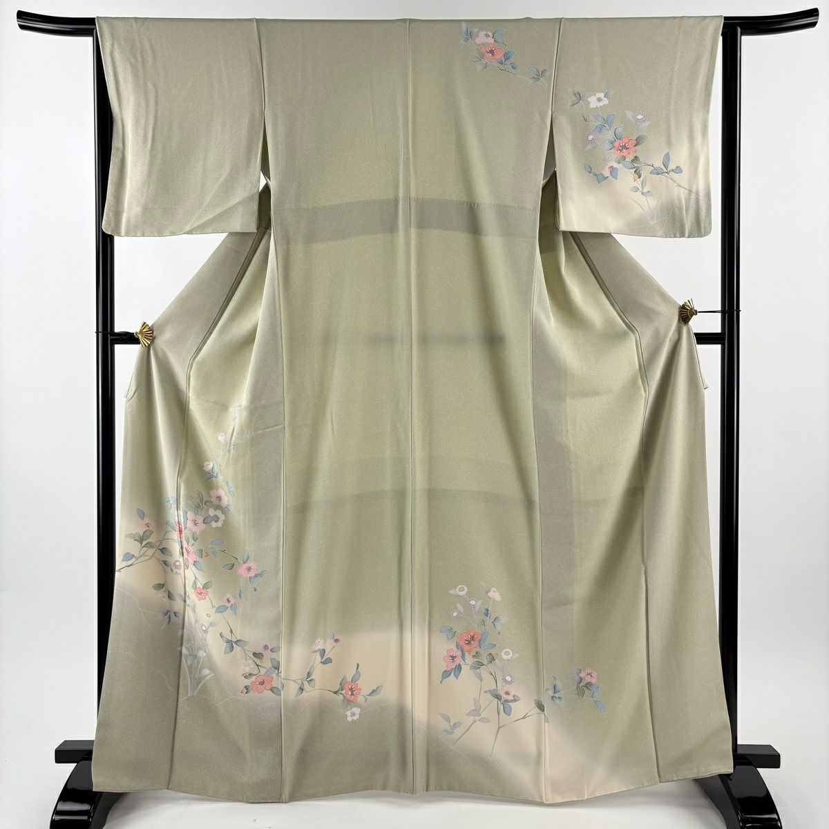 訪問服 身長167cm 袖長64cm M 雙層 枝花 漸層 薄綠 純蠶絲 秀品級
