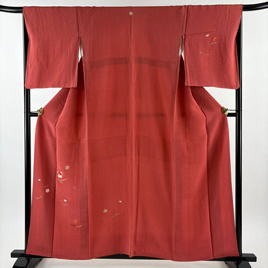 付下 身長156.5cm 袖長67cm M 雙層 花籠 松樹葉 刺繡 金線 朱 純蠶絲 秀品級 一つ紋