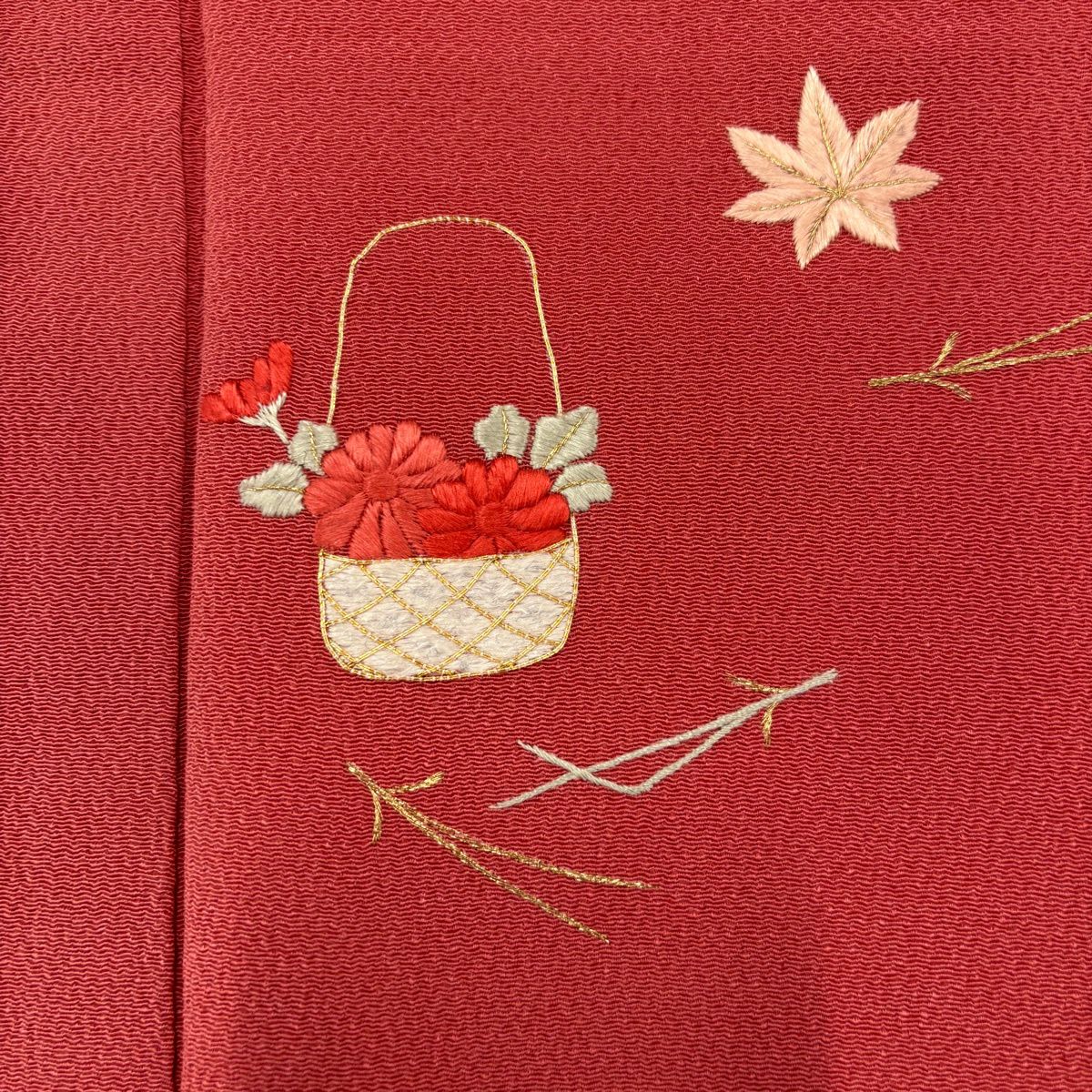 付下 身長156.5cm 袖長67cm M 雙層 花籠 松樹葉 刺繡 金線 朱 純蠶絲 秀品級 一つ紋