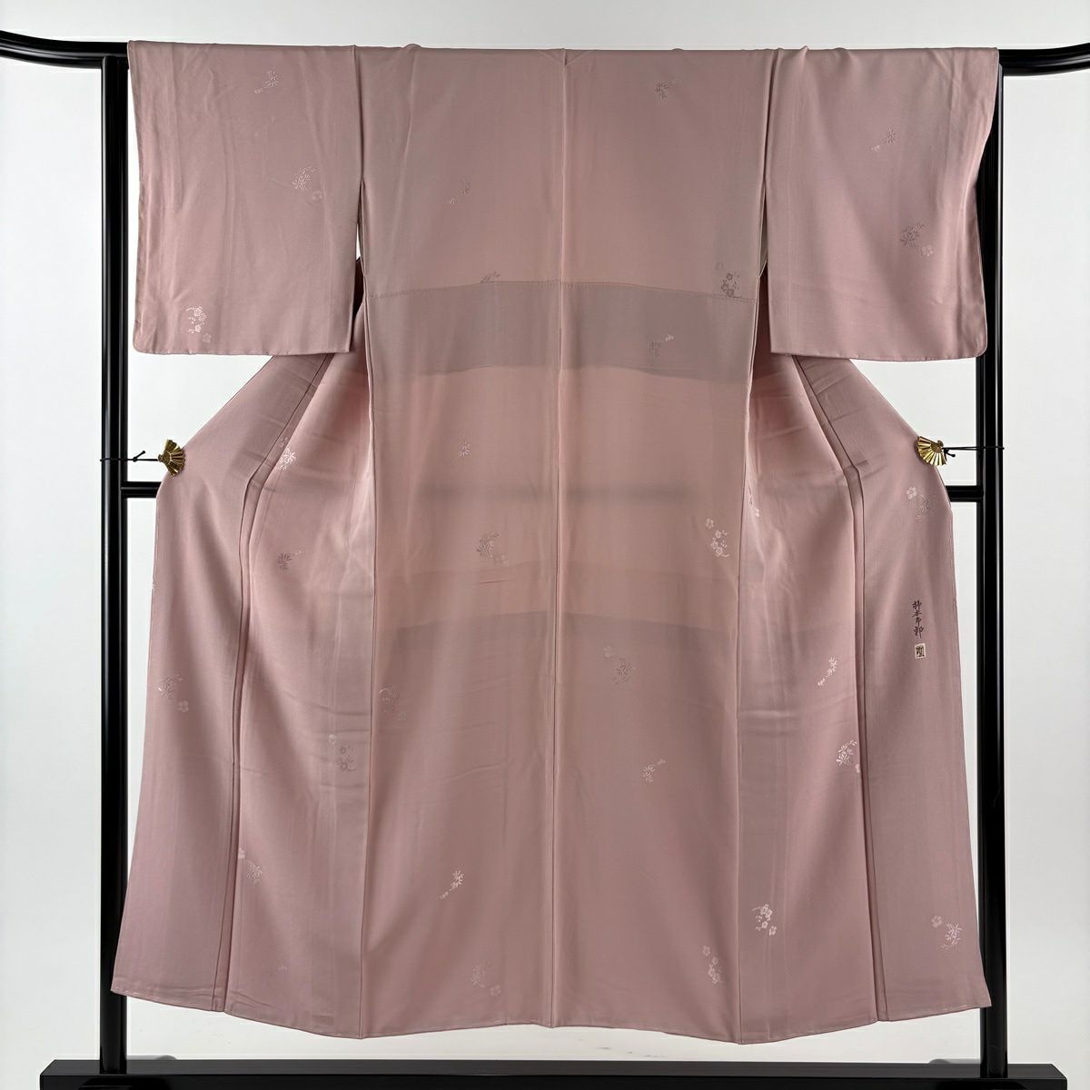 小紋 身長150.5cm 袖長65cm M 雙層 柿本市郎 落款あり 花丸紋 刺繡 薄小豆 純蠶絲 秀品級