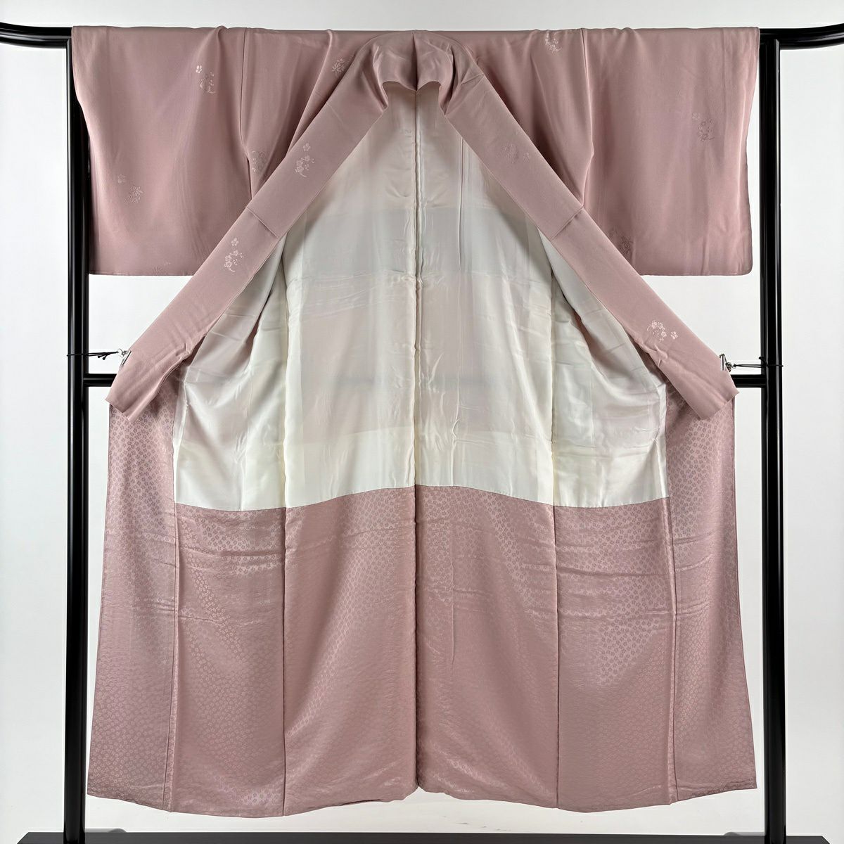 小紋 身長150.5cm 袖長65cm M 雙層 柿本市郎 落款あり 花丸紋 刺繡 薄小豆 純蠶絲 秀品級