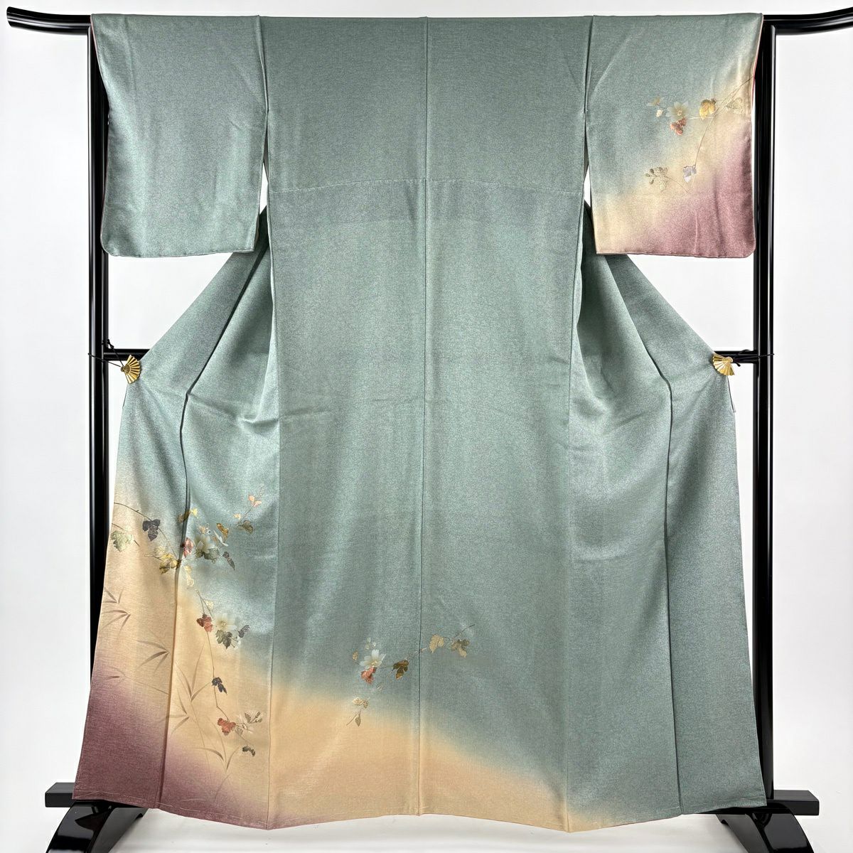 【美品】 付下 身長162cm 袖長65cm M 雙層 枝花 螺鈿 金銀彩 灰綠 純蠶絲 秀品級