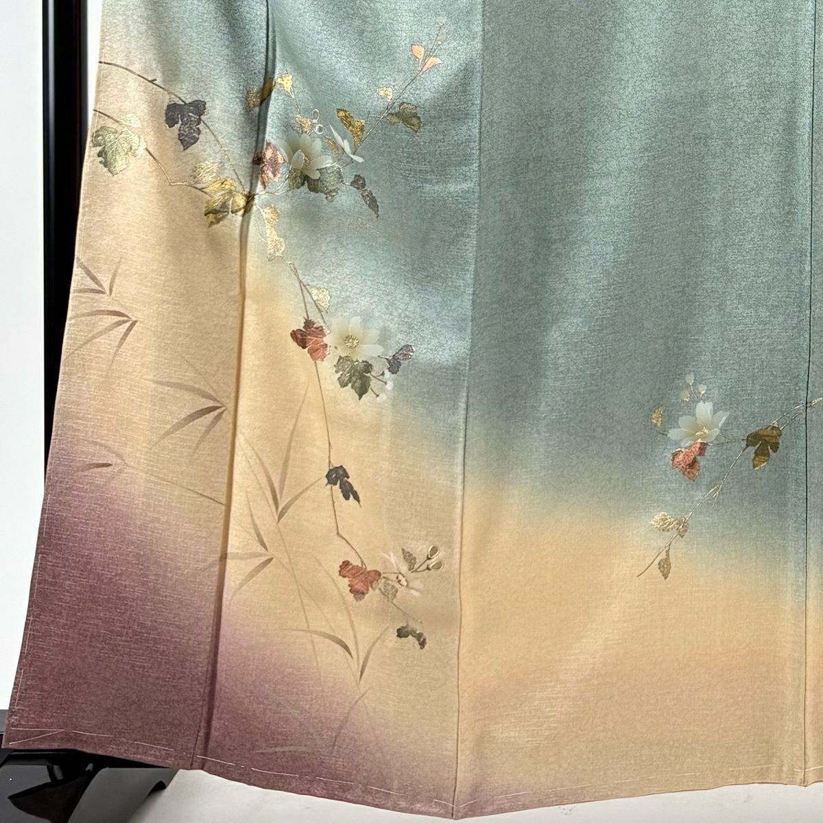 【美品】 付下 身長162cm 袖長65cm M 雙層 枝花 螺鈿 金銀彩 灰綠 純蠶絲 秀品級