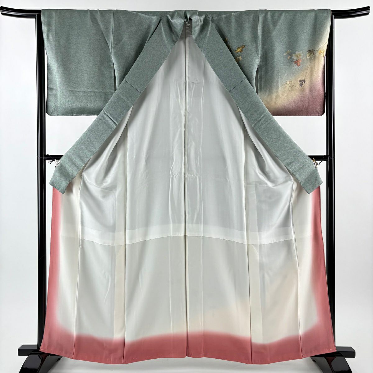 【美品】 付下 身長162cm 袖長65cm M 雙層 枝花 螺鈿 金銀彩 灰綠 純蠶絲 秀品級