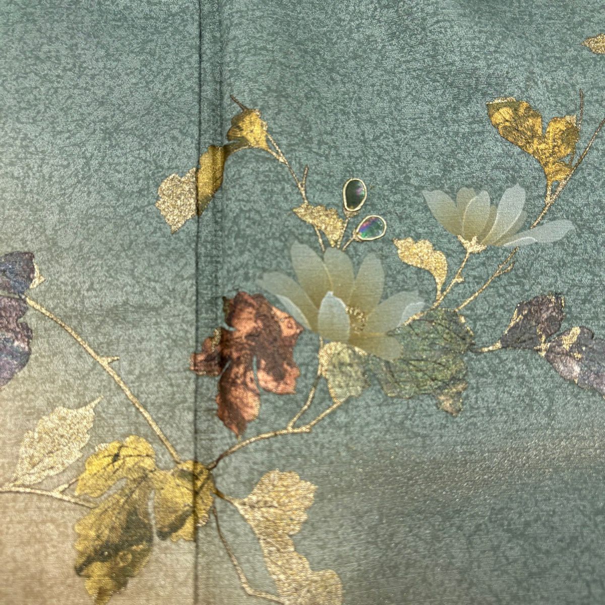 【美品】 付下 身長162cm 袖長65cm M 雙層 枝花 螺鈿 金銀彩 灰綠 純蠶絲 秀品級