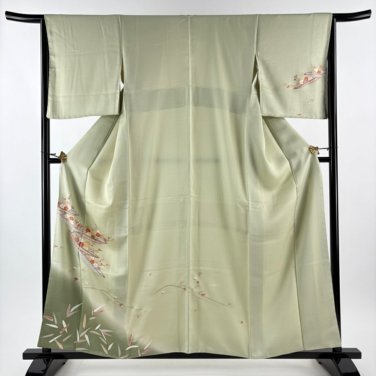 【美品】 付下 身長157.5cm 袖長65cm M 雙層 花舟 笹 漸層 金銀彩 淺綠 純蠶絲 優品級