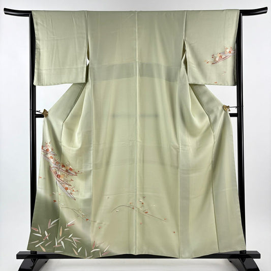 【美品】 付下 身長157.5cm 袖長65cm M 雙層 花舟 笹 漸層 金銀彩 淺綠 純蠶絲 優品級