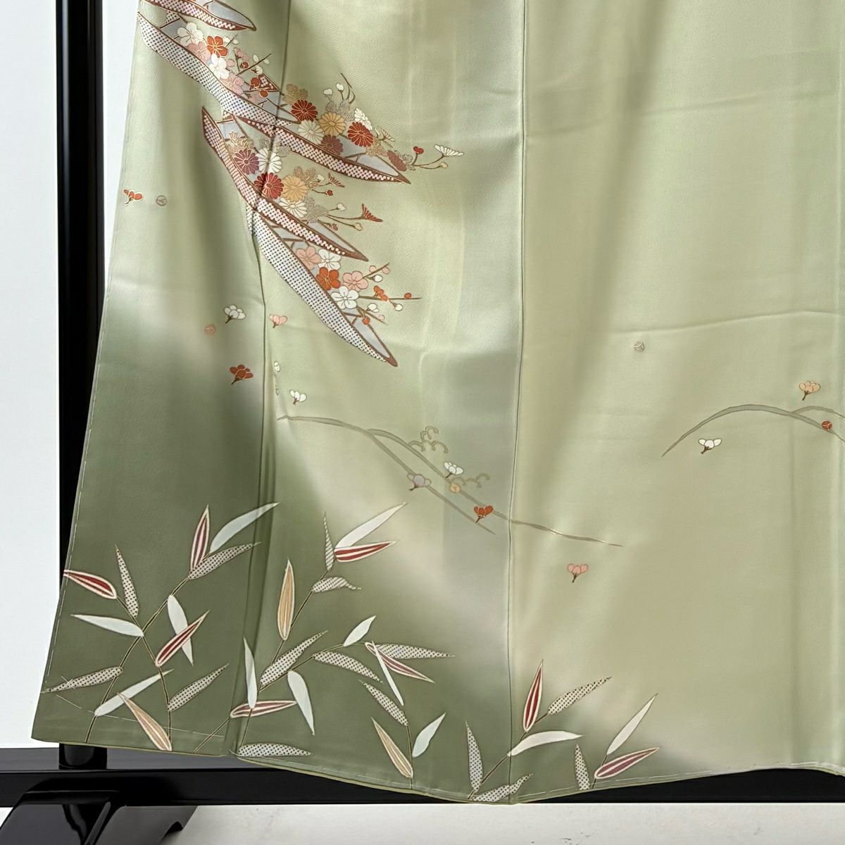 【美品】 付下 身長157.5cm 袖長65cm M 雙層 花舟 笹 漸層 金銀彩 淺綠 純蠶絲 優品級