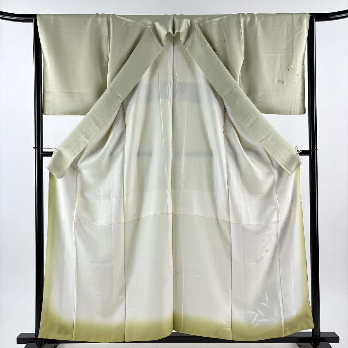 【美品】 付下 身長157.5cm 袖長65cm M 雙層 花舟 笹 漸層 金銀彩 淺綠 純蠶絲 優品級