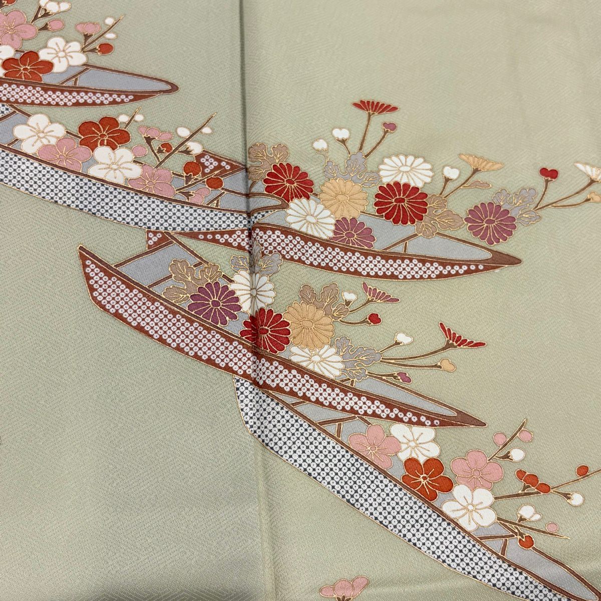 【美品】 付下 身長157.5cm 袖長65cm M 雙層 花舟 笹 漸層 金銀彩 淺綠 純蠶絲 優品級