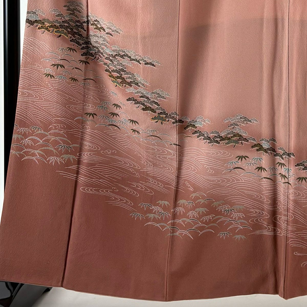 訪問服 身長160.5cm 袖長64cm M 雙層 笠松樹 笹 金絲 金銀彩 粉紅 純蠶絲 優品級