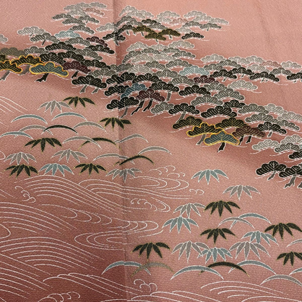 訪問服 身長160.5cm 袖長64cm M 雙層 笠松樹 笹 金絲 金銀彩 粉紅 純蠶絲 優品級