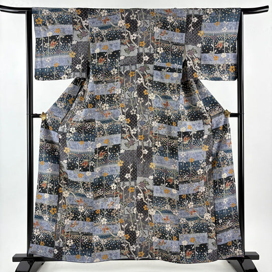【美品】 小紋 身長159cm 袖長64cm M 雙層 蝶 草花紋 金彩裝飾 青灰 純蠶絲 秀品級