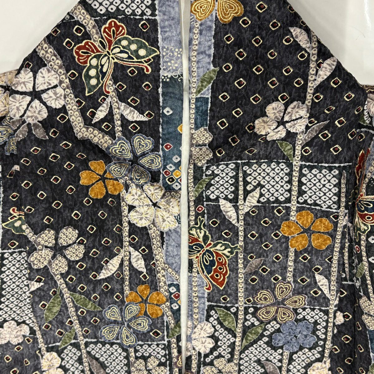 【美品】 小紋 身長159cm 袖長64cm M 雙層 蝶 草花紋 金彩裝飾 青灰 純蠶絲 秀品級