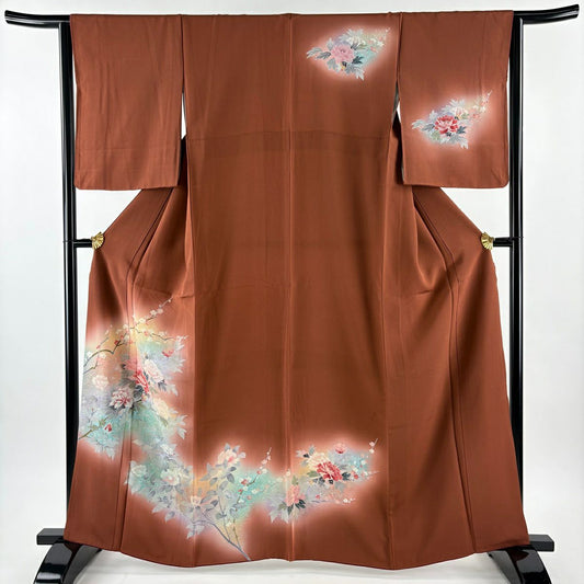 訪問服 身長164cm 袖長63.5cm S 雙層 牡丹 枝梅花 金銀彩 漸層 紅茶 純蠶絲 優品級