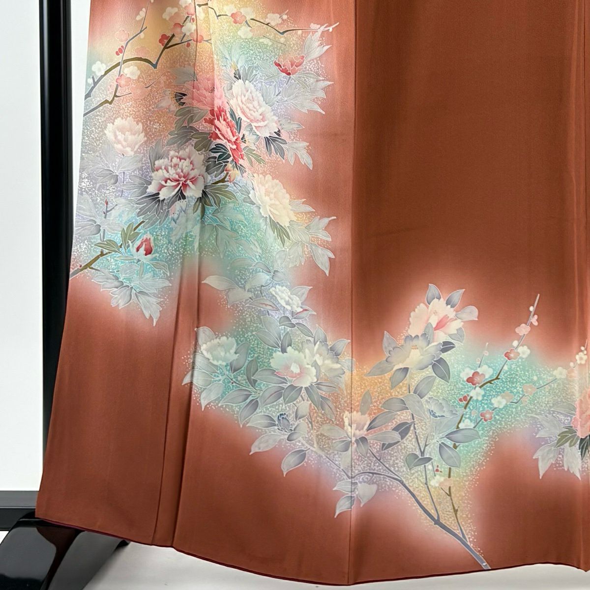 訪問服 身長164cm 袖長63.5cm S 雙層 牡丹 枝梅花 金銀彩 漸層 紅茶 純蠶絲 優品級