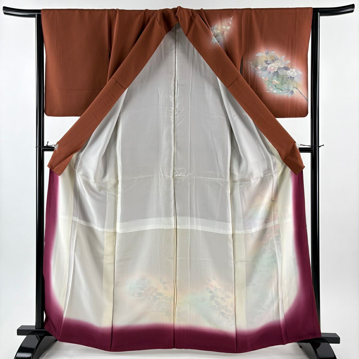 訪問服 身長164cm 袖長63.5cm S 雙層 牡丹 枝梅花 金銀彩 漸層 紅茶 純蠶絲 優品級