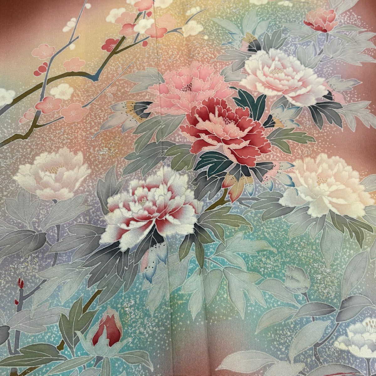 訪問服 身長164cm 袖長63.5cm S 雙層 牡丹 枝梅花 金銀彩 漸層 紅茶 純蠶絲 優品級