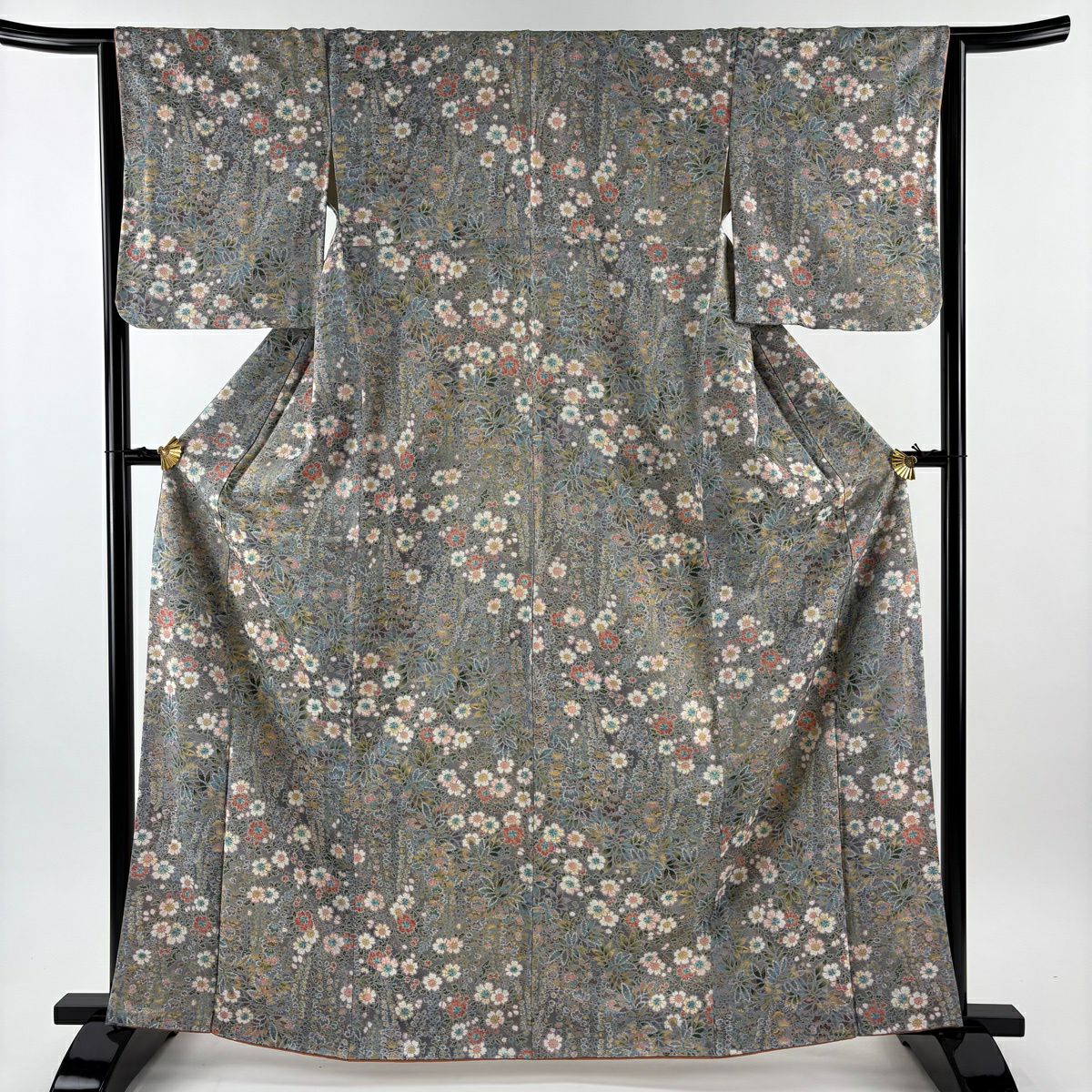 【美品】 小紋 身長164cm 袖長64.5cm M 雙層 草花紋紋 金銀彩 漸層 灰紫 純蠶絲 優品級