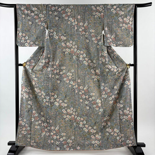 【美品】 小紋 身長164cm 袖長64.5cm M 雙層 草花紋紋 金銀彩 漸層 灰紫 純蠶絲 優品級