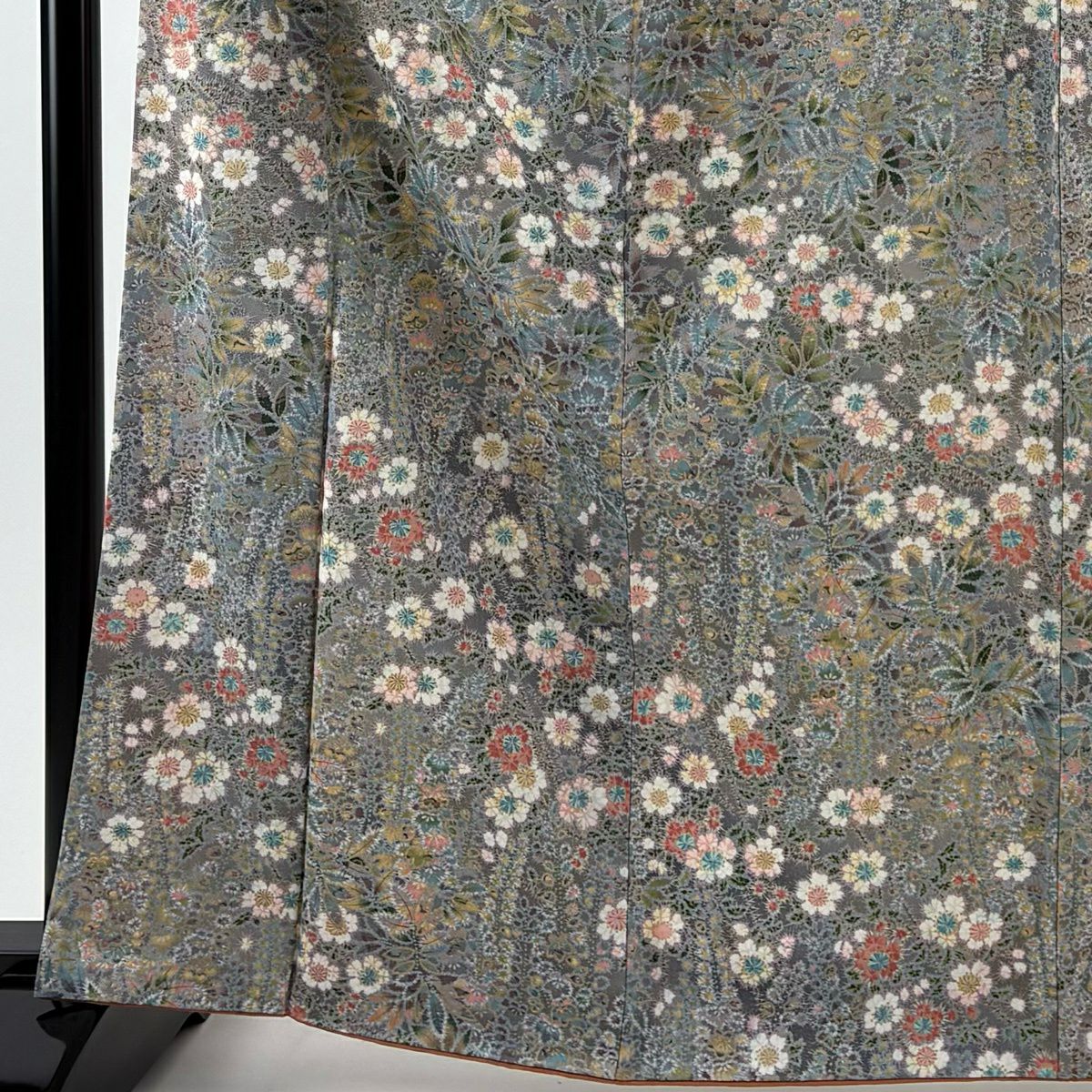 【美品】 小紋 身長164cm 袖長64.5cm M 雙層 草花紋紋 金銀彩 漸層 灰紫 純蠶絲 優品級