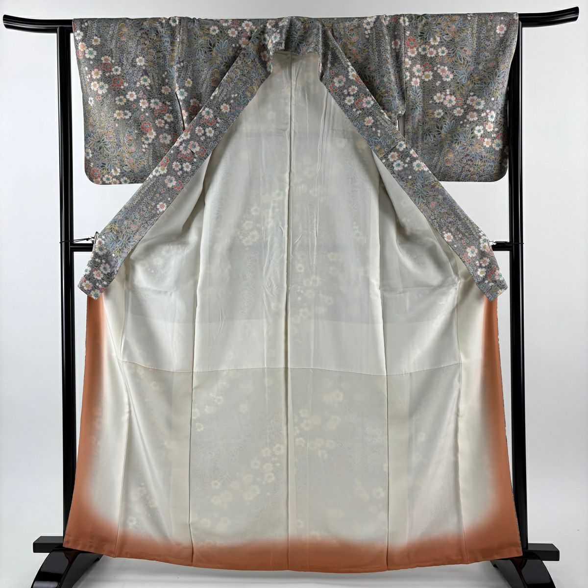 【美品】 小紋 身長164cm 袖長64.5cm M 雙層 草花紋紋 金銀彩 漸層 灰紫 純蠶絲 優品級