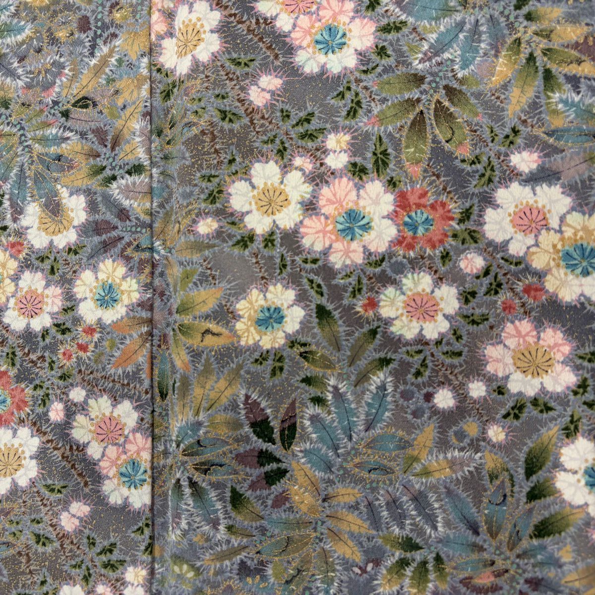 【美品】 小紋 身長164cm 袖長64.5cm M 雙層 草花紋紋 金銀彩 漸層 灰紫 純蠶絲 優品級