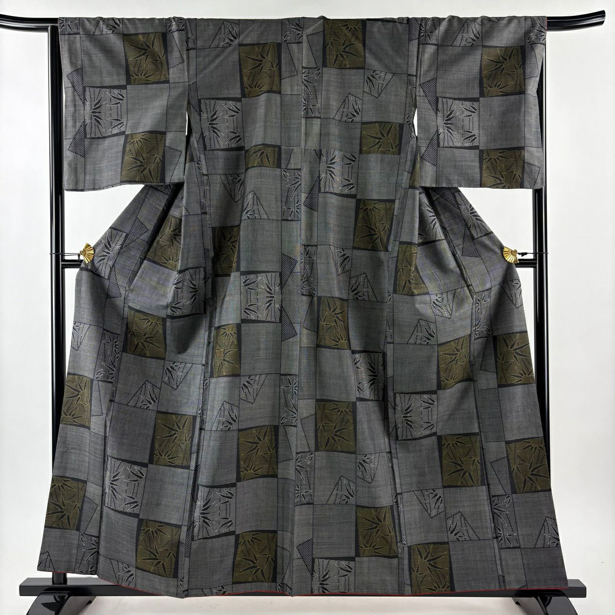 【美品】 紬織 身長159.5cm 袖長66cm M 雙層 變形市松樹 竹子 黑灰 純蠶絲 優品級