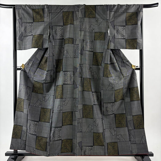 【美品】 紬織 身長159.5cm 袖長66cm M 雙層 變形市松樹 竹子 黑灰 純蠶絲 優品級
