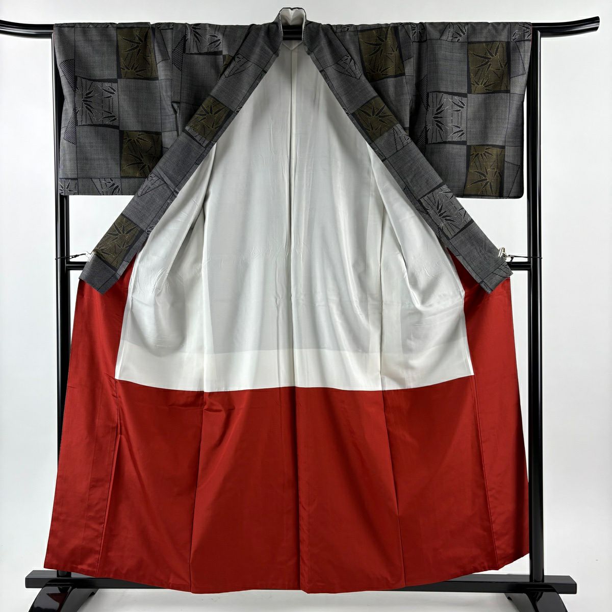 【美品】 紬織 身長159.5cm 袖長66cm M 雙層 變形市松樹 竹子 黑灰 純蠶絲 優品級