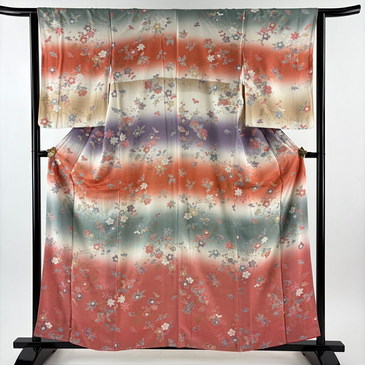 【美品】 付下 身長158.5cm 袖長64cm M 雙層 枝梅花 椿 染分 金銀彩 奶油色 純蠶絲 優品級