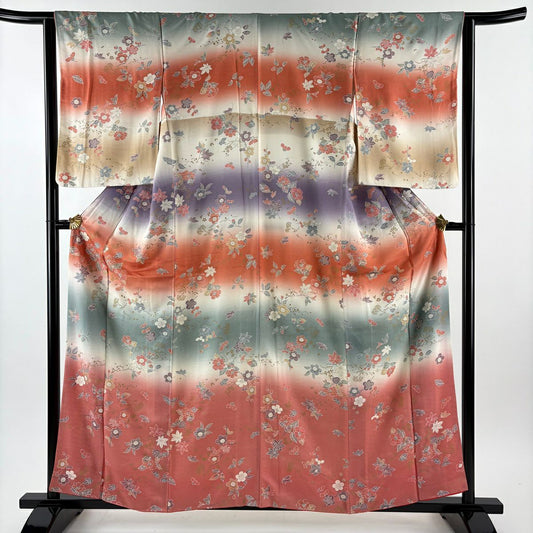 【美品】 付下 身長158.5cm 袖長64cm M 雙層 枝梅花 椿 染分 金銀彩 奶油色 純蠶絲 優品級