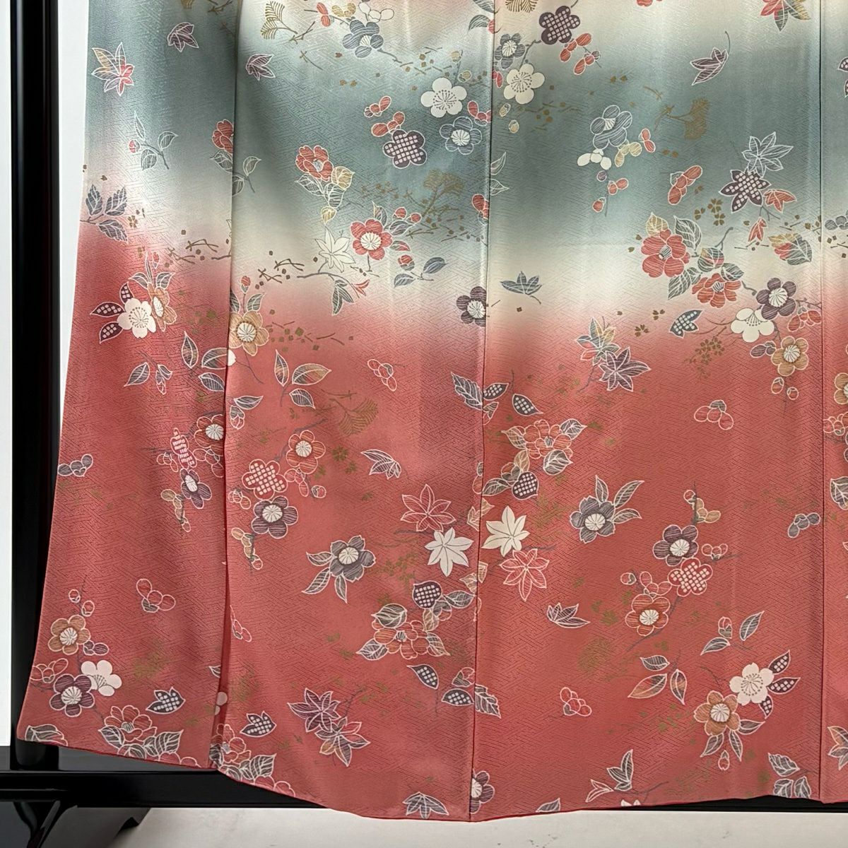 【美品】 付下 身長158.5cm 袖長64cm M 雙層 枝梅花 椿 染分 金銀彩 奶油色 純蠶絲 優品級