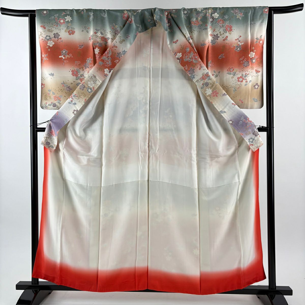 【美品】 付下 身長158.5cm 袖長64cm M 雙層 枝梅花 椿 染分 金銀彩 奶油色 純蠶絲 優品級