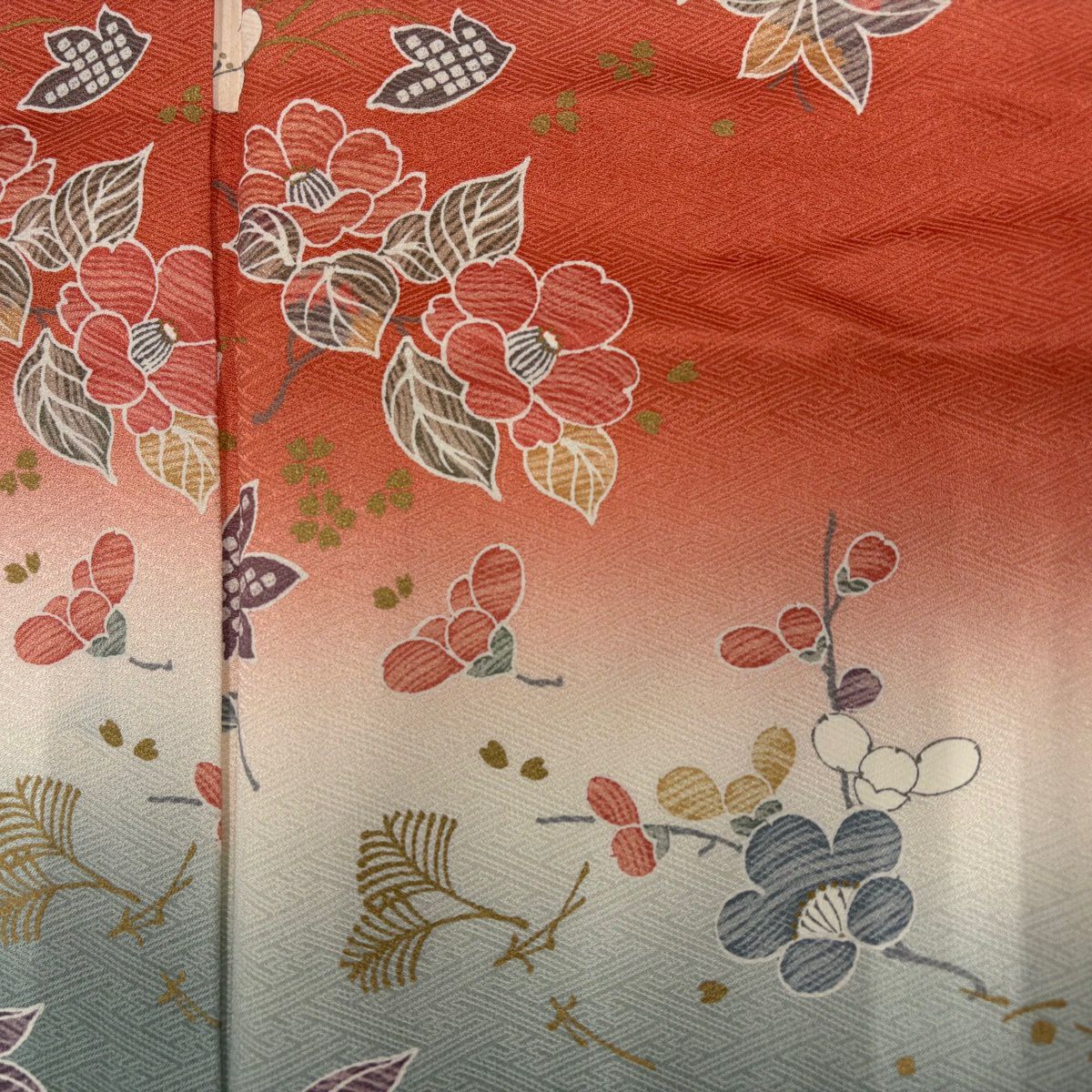 【美品】 付下 身長158.5cm 袖長64cm M 雙層 枝梅花 椿 染分 金銀彩 奶油色 純蠶絲 優品級
