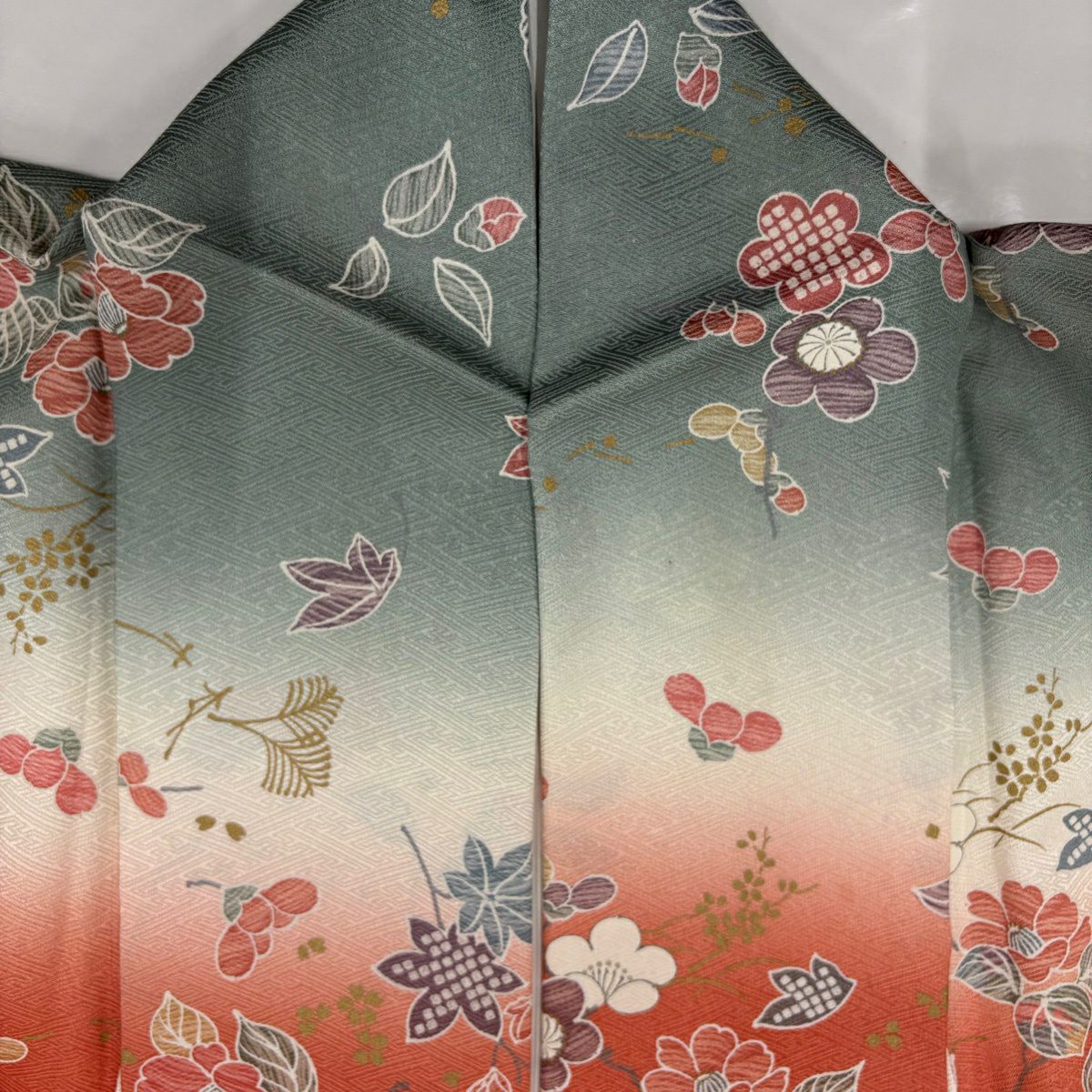 【美品】 付下 身長158.5cm 袖長64cm M 雙層 枝梅花 椿 染分 金銀彩 奶油色 純蠶絲 優品級