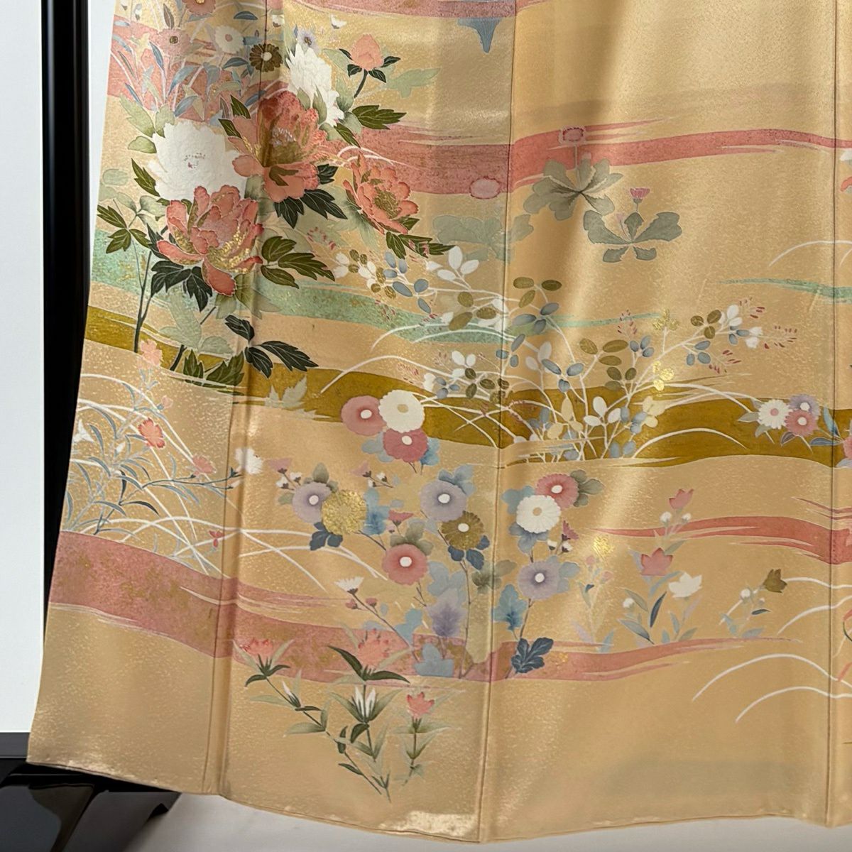 訪問服 身長162cm 袖長65cm M 雙層 牡丹 菊花 金彩裝飾 刺繡 淺橙色 純蠶絲 優品級